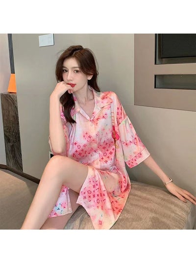 Buy Ladies Spring And Summer Chiffon Short-Sleeved Printed Shirt Nightdress Sleepwear Nightwear in UAE