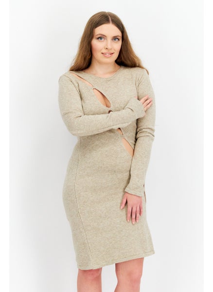 Buy Women Knitted Midi Dress, Beige in Saudi Arabia