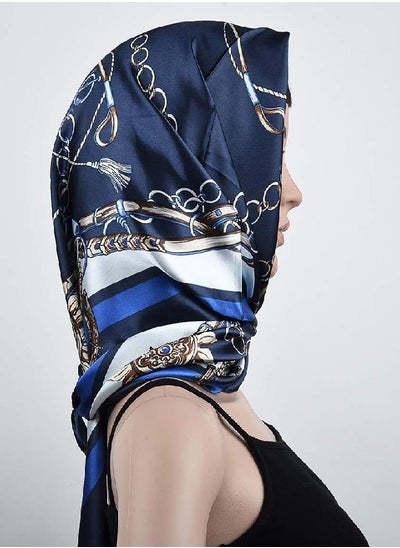 Buy corciova 100% Polyester Silk Feeling 35 x 35 Kerchief Neck Scarf for Women Chains Navy in UAE