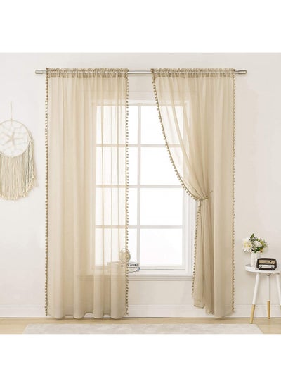 Buy MIULEE Pompom Sheer Curtains 96 Inches Long for Kitchen Living Room-Linen Textured Window Voile Drapes for Light Filtering-2 Natural Beige Curtains Panles with Rod Pocket in UAE