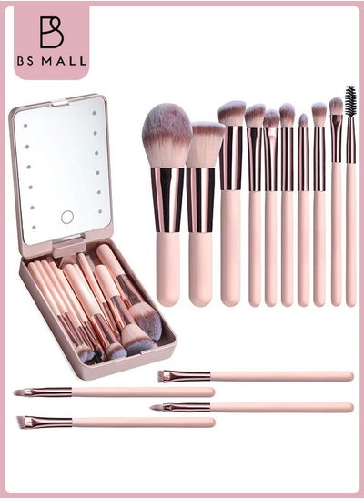 Buy 14 Pcs Travel Makeup Brush Set with LED Light Mirror, Foundation Powder Concealers Eye Shadows Makeup Set, Mini Makeup Brushes (Pink) in Saudi Arabia