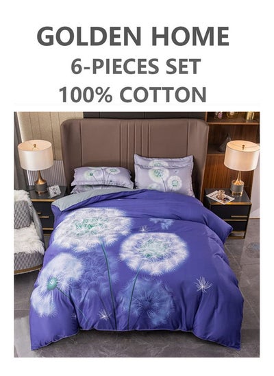 Buy 6-Piece King Size Printed Cotton Duvet Cover Set Includes 1xFitted Bedsheet 200x200+30cm, 1xDuvet/Bed Cover 220x240 cm, 4xPillow cover 50x75cm Multicolour in UAE