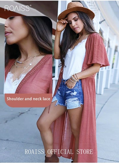 اشتري Women Lace-up Beach Blouse Cover Beachwear Up Embroidery Mesh Dress Kimonos Bathing Suit Sunscreen Swim Skirt Hollow Lace Cardigan for Summer في الامارات