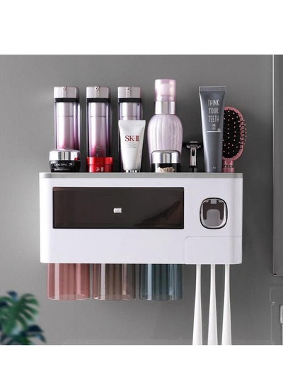 Buy Wall Mounted Automatic Toothpaste Dispenser Set for Bathrooms, Multifunctional Bathroom Organizer Holder with Cosmetic Drawer, 3 Toothbrush Slots in Saudi Arabia