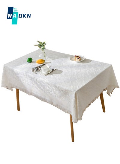 Buy 130x180cm Geometric Knitted Tassel Kitchen Tablecloth, European Style Rectangular Cotton Thread Woven Table Decoration, Exquisite Family Holiday Kitchen Tabletop Cover (White) in Saudi Arabia