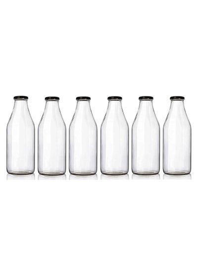 اشتري 6 pack 32 oz Glass Bottles, Clear Glass Milk Bottles with Black Lids, Shake Container,  Drinking Bottles with في الامارات