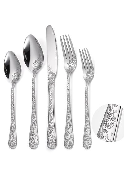 Buy Floral Silverware Set, 5 Silvery Flatware Stainless Steel with Delicate Engraved Rose Flower Embossed Design Complete Cutlery Utensils for Home Everyday Use Festival Parties in Saudi Arabia