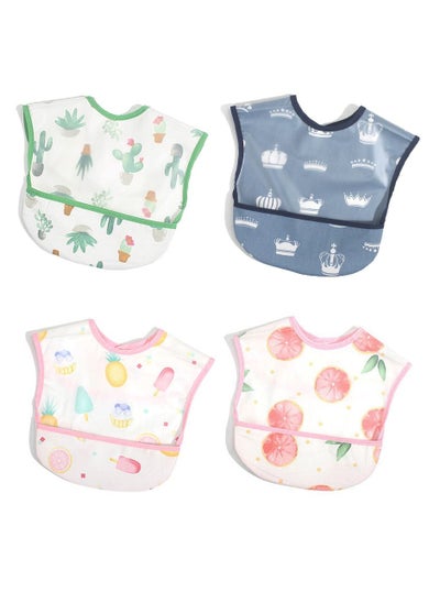 اشتري 4 Packs Baby Waterproof Bib with Crumb Catcher Pocket Wipeable Stain Soft Adjustable Snaps Feeding Bibs For Infants and Toddlers في الامارات