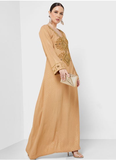 اشتري Embellished V- Neck Jalabiya في الامارات