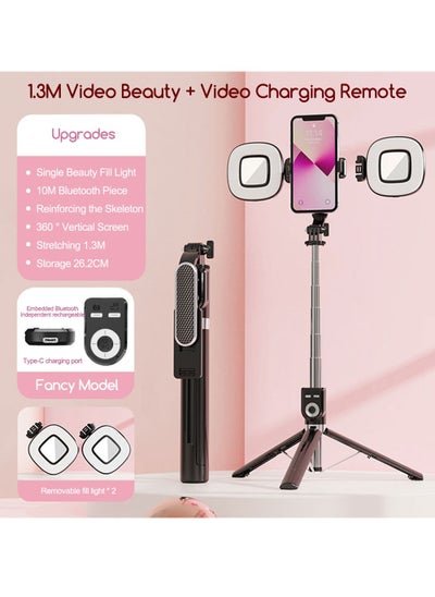 Buy Stainless Steel Material Selfie Stick with Wireless Remote and Dual Lights ,  for iPhone/Android,Black, 1.3 Meters in Saudi Arabia