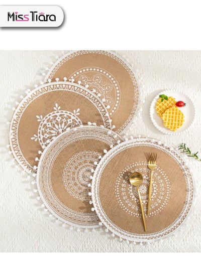 اشتري Set of 4 Round Placemats Modern Style Dinner Braided Beige Boho Round Table Placemats Handwoven Jute Placemats Dining Room Decor White Assorted في الامارات