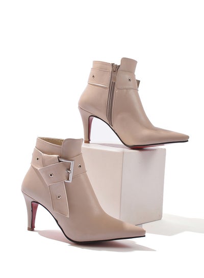 Buy Half Boots With High Heel Leather - beige- R-509 in Egypt