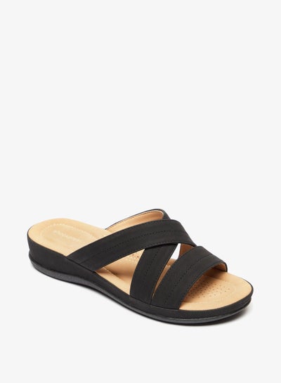 Buy Solid Slip On Cross Strap Slide Sandals Black in UAE