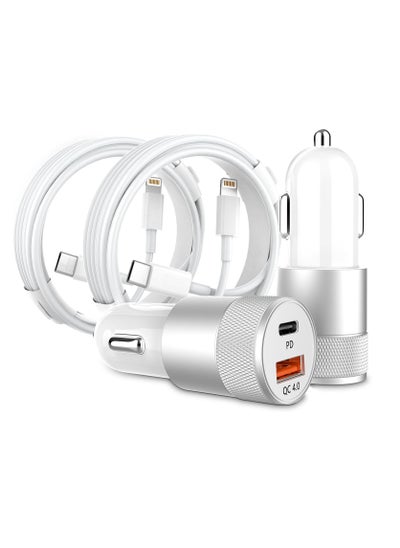 Buy Car Charger, 2 Pack 48W Dual Port USB C Charger All Metal iPhone Fast Car Adapter with 2x3ft Lightning Cable, PD/QC 4.0 Type C Rapid Car Charging for iPhone/iPad/Airpods and more in Saudi Arabia