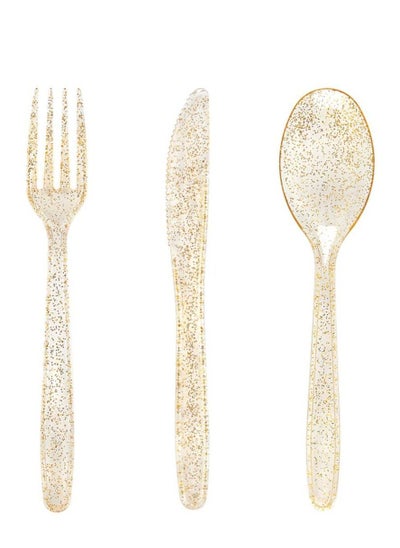 Buy 30 Pieces PVC Plastic Knife and Fork Cutlery Set,Disposable Gold Glitter Tableware Set - Includes: 10 Forks, Spoons, Knives Fancy Partyware in Saudi Arabia