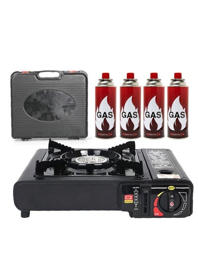 Buy Camping Stove with 4-Piece Butane Gas Catridge -Two Way - Black/Orange/Red in UAE