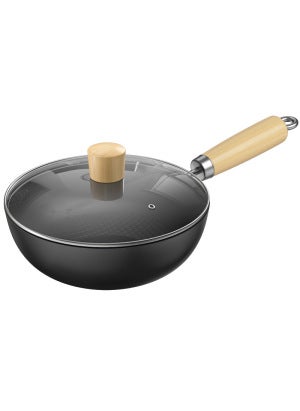 اشتري Single-Serve Non-Stick Mini Frying Pan 18-Black Wok with Tempered Lid Wooden Shovel في الامارات