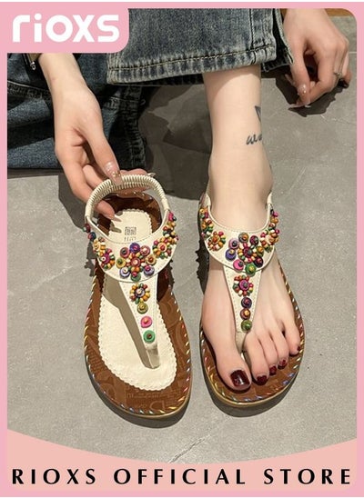 اشتري Women's Summer Bohemian Sandals Comfortable Fashion Ankle Strap Slip-on Flats Non-Slip Soft Sole Beach Sandals في السعودية