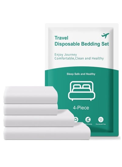 اشتري 4 PCS Disposable Bed Sheets Fitted Sheet Queen Size, Disposable Travel Sheets for Travel with Quilt Cover and Pillowcase, Disposable Bedding Travel Bedding Disposable Sheets for Hotel Hospital Travel في الامارات