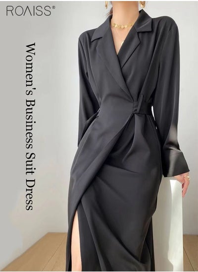 Buy Women's Fashion Suit Dress Temperament Polo Neck Long Sleeve Waist Tight Dress Minimalist High Waisted A-Line Dress in Saudi Arabia