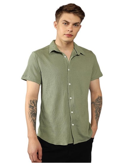 Buy Regular Fit Green Popcorn Shirt Spread Collar in UAE