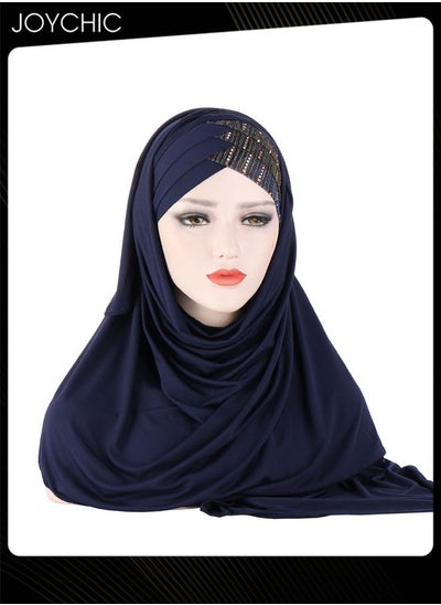 اشتري Muslim Hijab Instant Hijab for Women Glitter Sequin Forehead Cross Turban Islamic Head Scarves Shawl Wrap Long Fashion Chiffon Scarf Premium Head Cover for Women and Girls Navy في السعودية