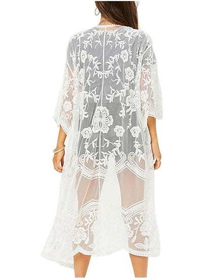 Buy Embroidered Open Front Cover Up White in UAE