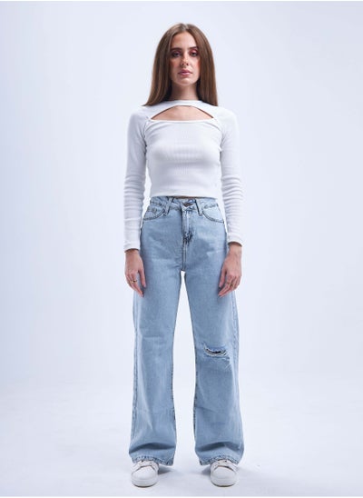 اشتري High-Waist Light Wash Ripped Straight Wide Leg Jeans. في السعودية