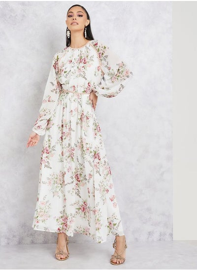 Buy Floral Print Lace Detail A-Line Maxi Dress in Saudi Arabia