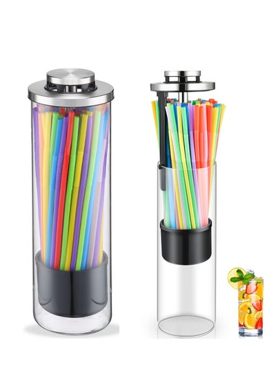 اشتري 1Pc Glass Straw Dispenser & 100 Colorful Striped Plastic Straws with Stainless Steel Lid - Transparent, Multi-Use Holder for Drinking Straws, Stir Sticks, & More - Perfect for Home & Commercial Use في السعودية