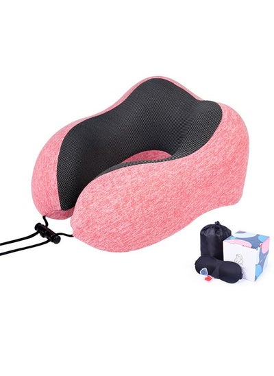 Buy Luxury Memory Foam Travel Pillow with Ear Plugs, Eye Mask and Mesh Bag Pink 28x27x14cm in UAE