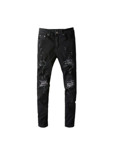 Buy High Street Fashion Brand Jeans with Broken Hole Patches and Fashionable Slim Fit in UAE