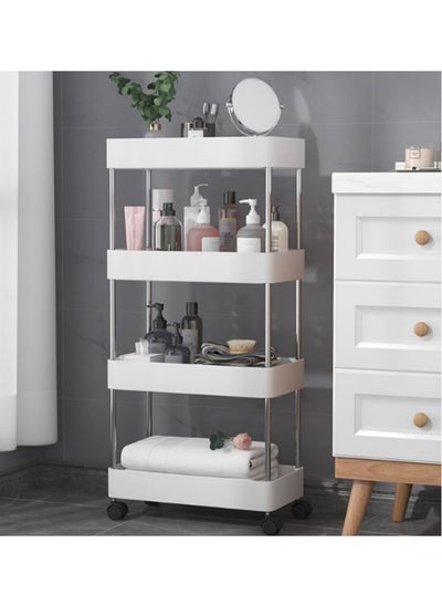 Buy 4-Tier Plastic Storage Trolley Rack with Caster Wheels,Rolling Utility Cart Slide Out Storage Shelves Space Saving Home Storage Organizer Racks,White in UAE