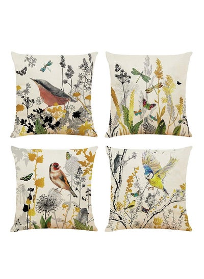 اشتري Decorative Throw Pillow Covers Set Of 4 Birds Butterfly And Plant Cushion 45Cmx45Cm Boho Linen Square Cases For Living Room Sofa Couch Bed Pillowcases في السعودية