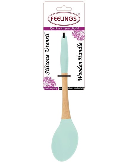 اشتري Silicone Spoon With Rubber Wood Handle Green Color 32cm في الامارات