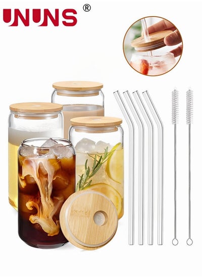 اشتري Drinking Glasses Set,4 Pack 16oz Can Shaped Glass Cups With Cover And Straw,Beer Glasses, Iced Coffee Glasses,2 Cleaning Brushes,Travel Coffee Mug Set في الامارات