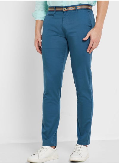 Buy Men Blue Cotton Slim Fit Chinos Trousers in UAE