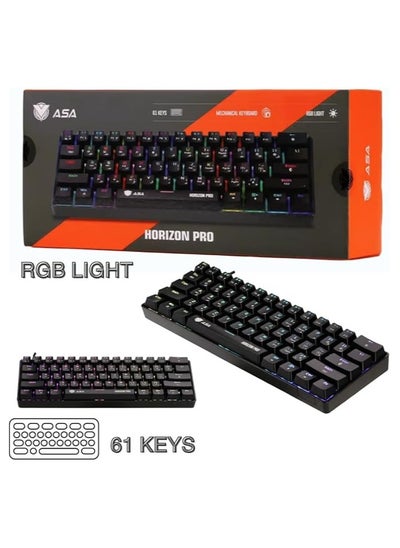 Buy Horizon Pro ASA English Arabic Mechanical Gaming Keyboard with Rainbow LED Backlight, Quick Response USB Wired Waterproof 61 Keys for Windows/Mac OS/Android in Saudi Arabia