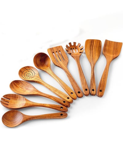 Buy 9-Piece Teak Wooden Utensils for Cooking, Smooth Finish Natural Teak Utensil Set, Non-Stick Wooden Spoons for Cooking, Kitchen Gift Set, Comfortable Grip Wooden Utensil Set in Saudi Arabia