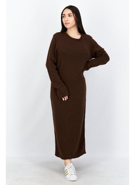 Buy Women Crew Neck Knitted Maxi Dress, Brown in UAE