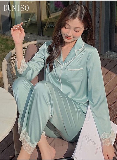 Buy 2- Piece Women's Soft Pajamas Set Long Sleeve Silky Pajama Set with Lace Sleepwear Loungewear Button-Down Night Suit Pajama Sets Spring and Autumn Night Wear in UAE