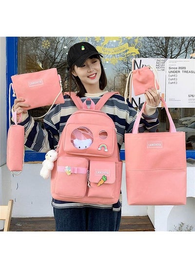 Buy A set of casual bags with a modern Korean design, suitable for schools and universities, of fabric and waterproof, consisting of 5 pieces, including a backpack with a laptop + pen bag + hand bag + cro in Egypt