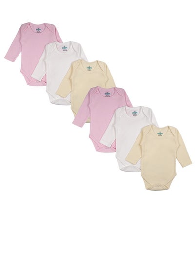 Buy BabiesBasic 100% Super Combed Cotton, Long Sleeves Romper/Bodysuit, for New Born to 24months. Set of 6 - Pink, Lemon, Cream in UAE