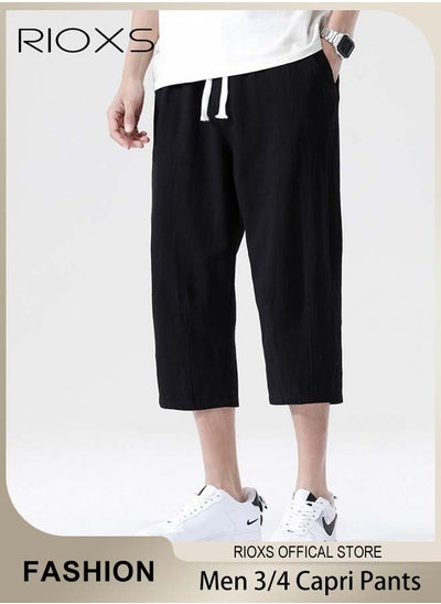 Buy Fashionable men's cropped pants, Summer Loose Casual Shorts, Below Knee Pocketed 3/4 Drawstring Elastic Waist Capri Pants with Side Pockets in UAE