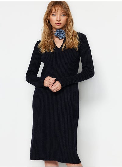 Buy Navy Blue Midi Knitwear Soft Textured Polo Neck Dress TWOAW24EL00026 in Egypt