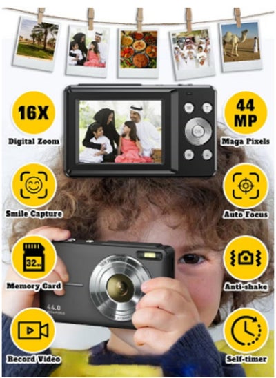 اشتري Autofocus Digital Camera for Kids - FHD 1080P 44MP - Rechargeable Compact Mini Camera with 16X Digital - Portable Pocket Camera - With 32GB Memory Card في السعودية