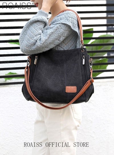 اشتري Large Capacity Shoulder Tote Bag Casual Canvas Handbag Crossbody with Long Strap Multi Pocket for Young Women Teenagers School Shopping في الامارات