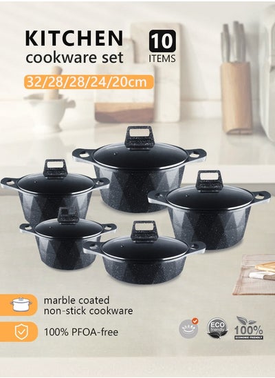 اشتري 10-piece Marble Cookware Set Aluminum Pots And Pans With Non-stick Surface Glass Lids PFOA-free Black 20-24-28-32 Cm (deep Stockpot) + 28 Cm (shallow Stockpot) في السعودية