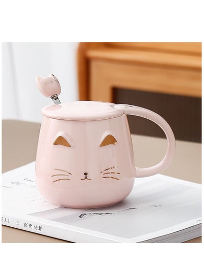 Buy Pink Cat Mug Cute Kitty Ceramic Coffee Mug with Stainless Steel Spoon in UAE
