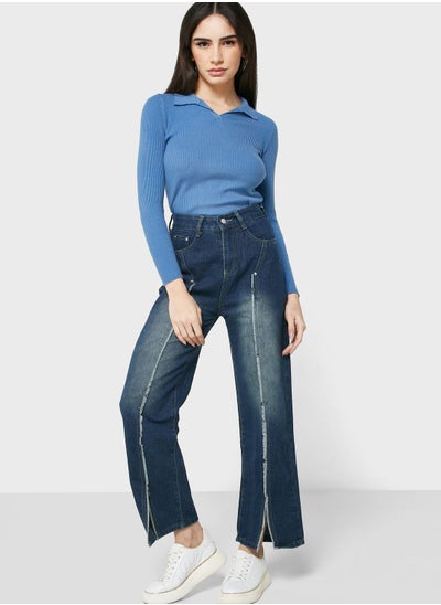 Buy Contrast Seam Slit Hem High Waist Jeans in UAE